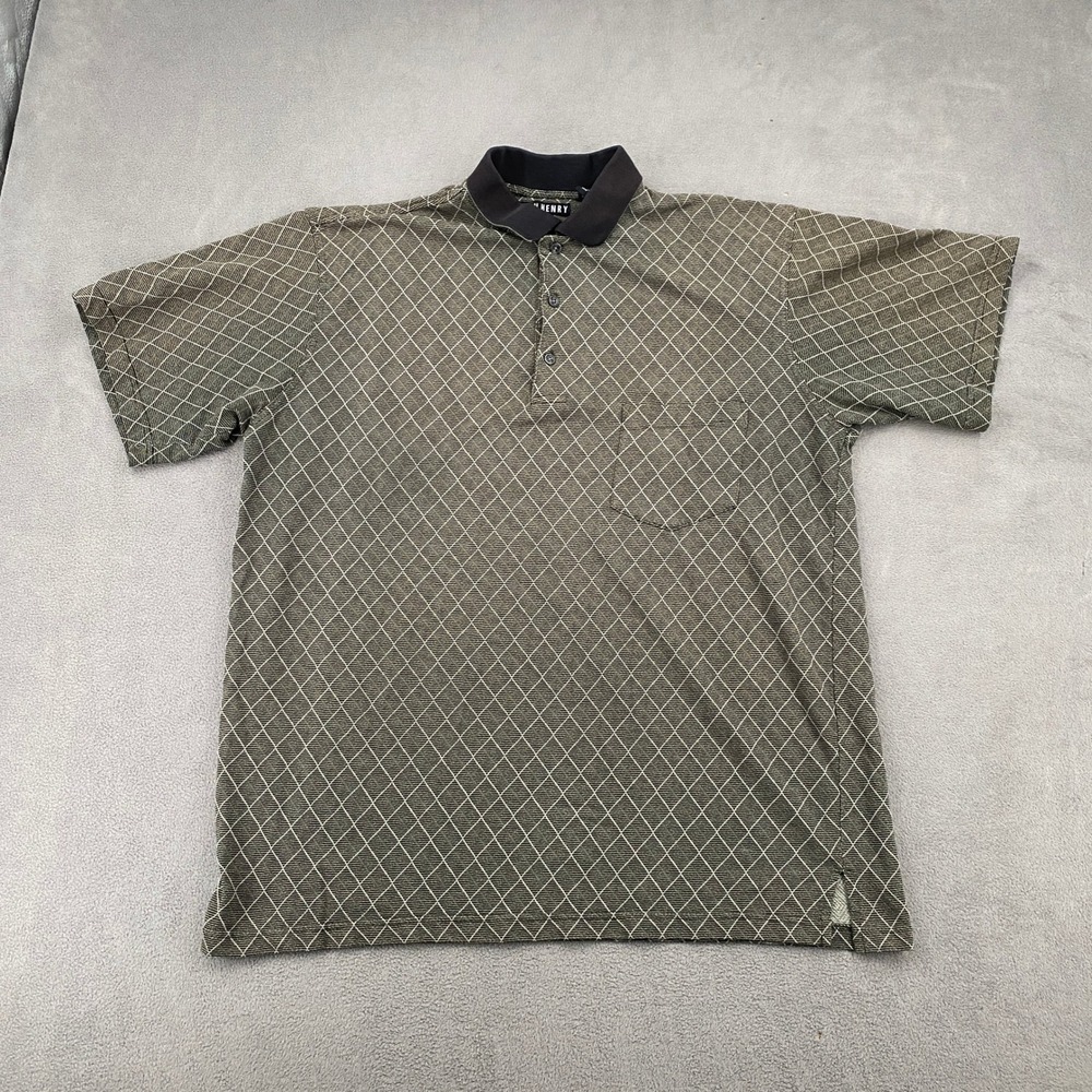John Henry Mens XLT Polo Shirt Olive Green Black Diamond Pattern Short Sleeve